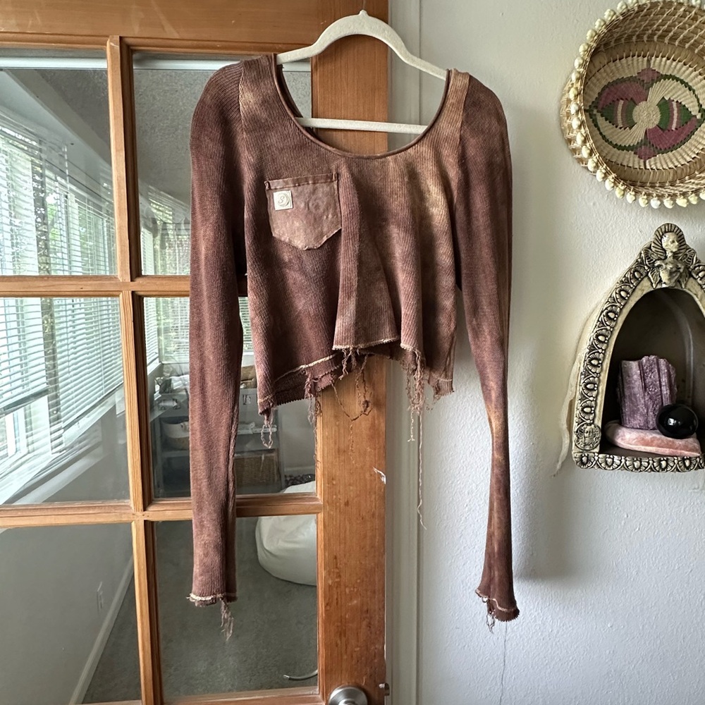 Brown Distressed Long Sleeve Crop Top Sinew Moon